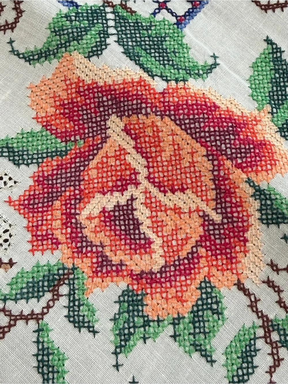 Vintage ecru cross stitch linen large tablecloth 100”x64” W/12 Napkins handmade